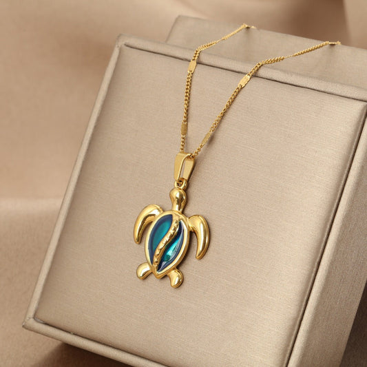 Gilded Shell I Blue Opal Gold Turtle Necklace